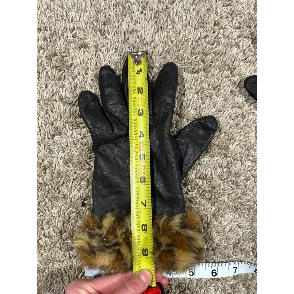 Merona Womens Black Leather Gloves Leopard Faux Fur Cuff Mob‎ Wife Chic Luxury